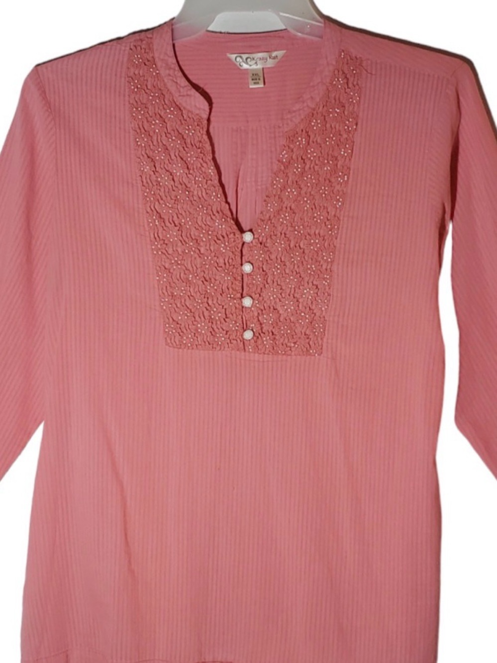 Krazy Kat Pink Embroidered Split-Neck Women's Top Small